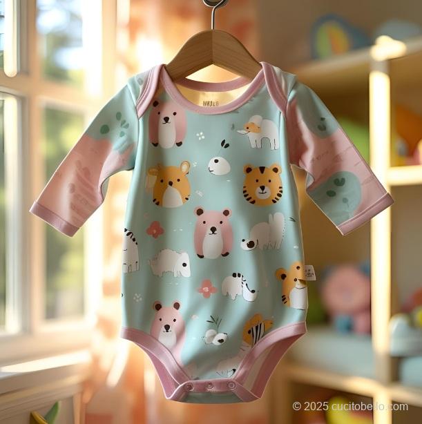 Selbstgenähter Babybody mit Tiermotiven, hängend am Kleiderbügel vor einem sonnigen Fenster